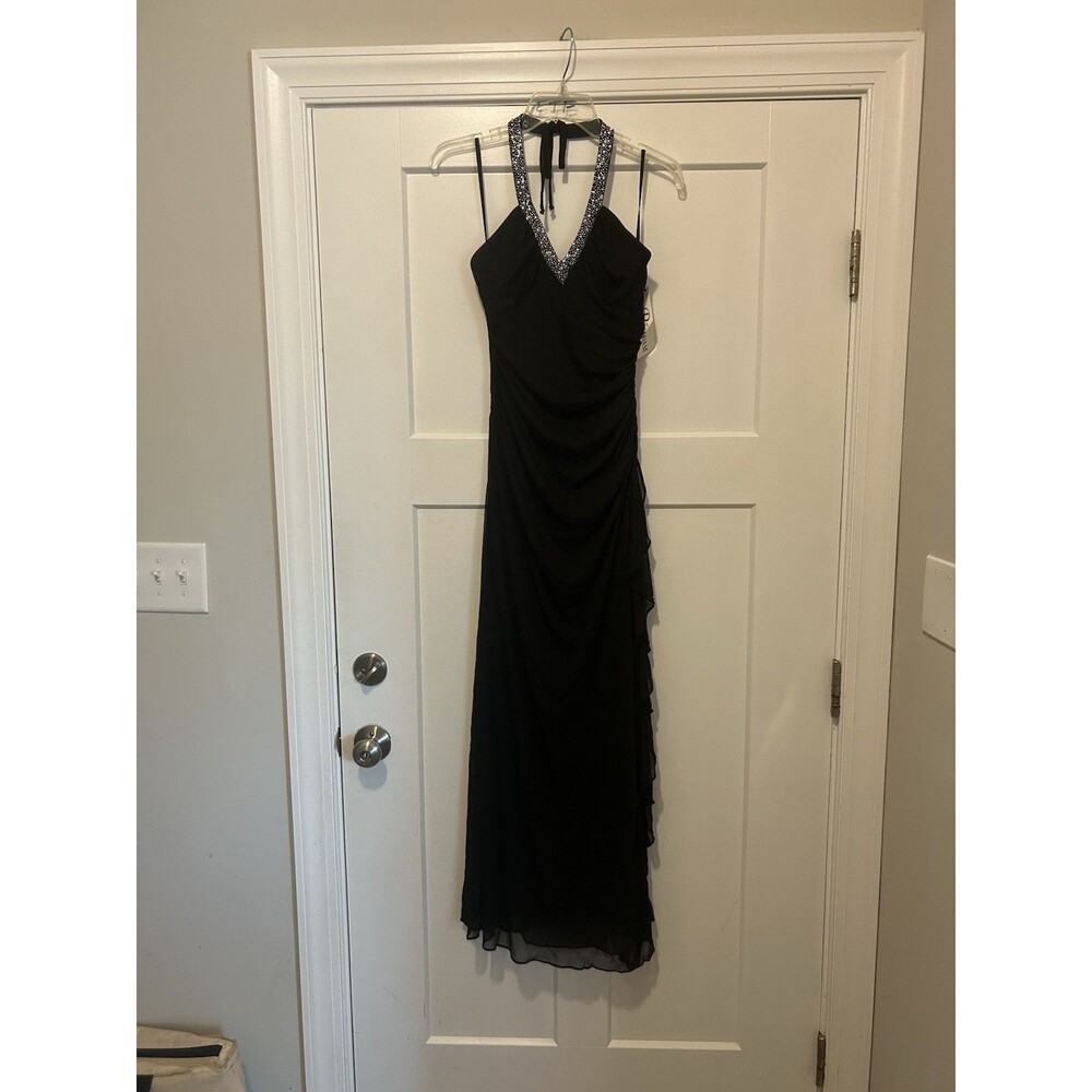 New Vintage Betsy & David Glitter Halter Mesh Formal Gown Black Sheath Long Y2K